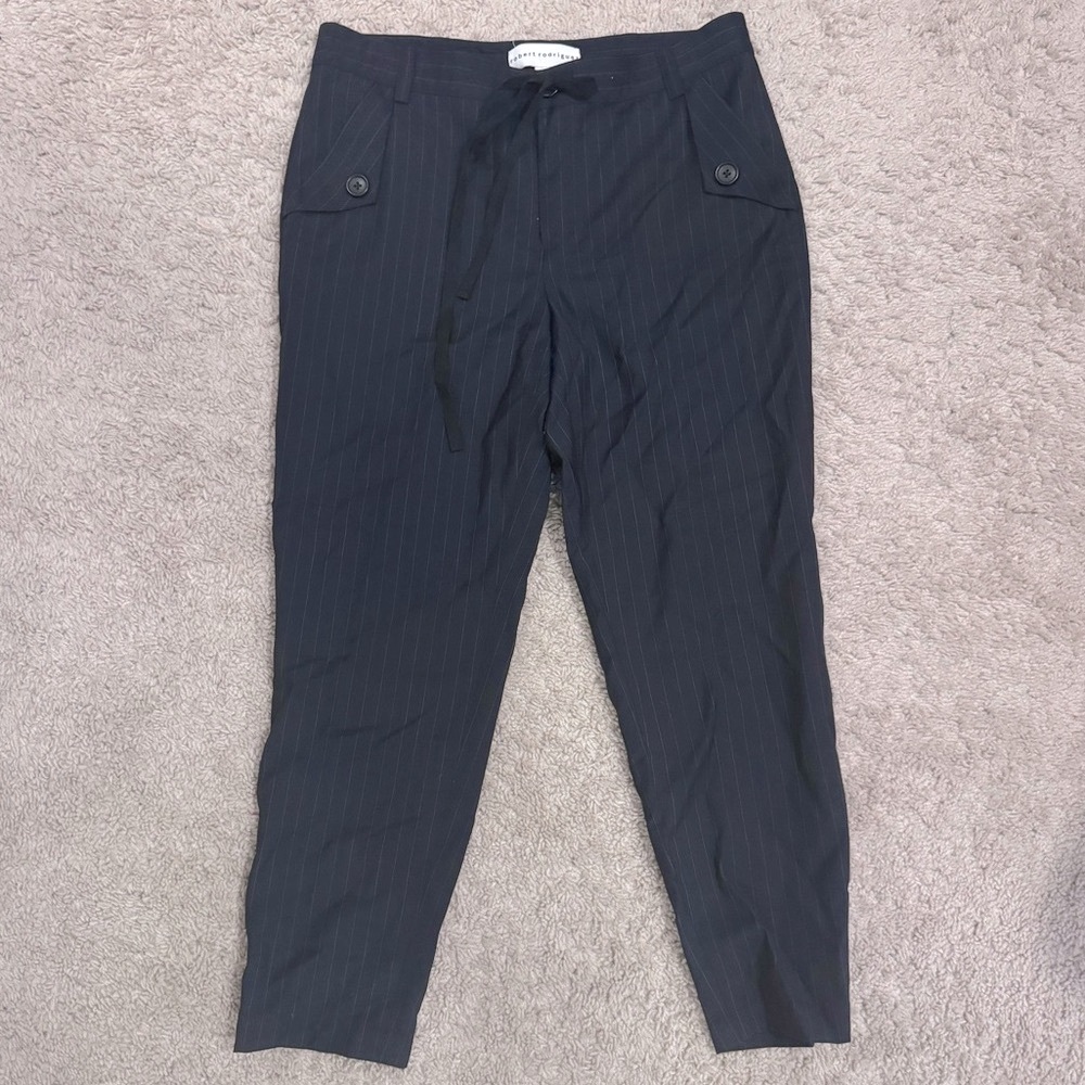 Robert Rodriguez Navy Blue Pinstripe Silk Straight Leg Trousers